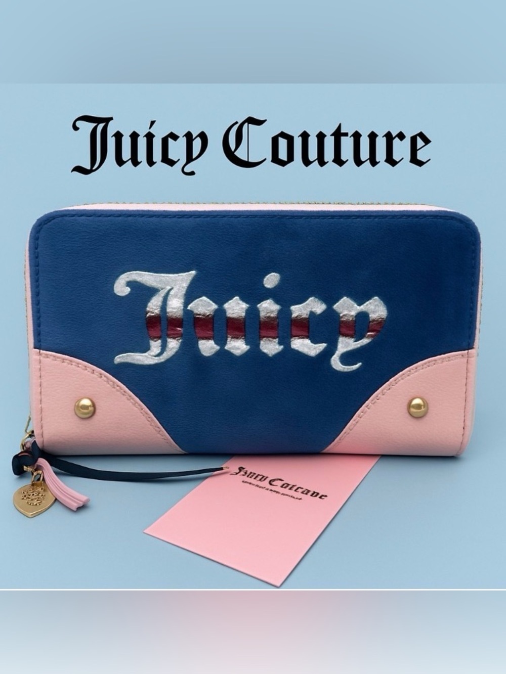 Juicy Couture Medium Retro Vibe Double Zip Around Navy & Pink Velour Wallet